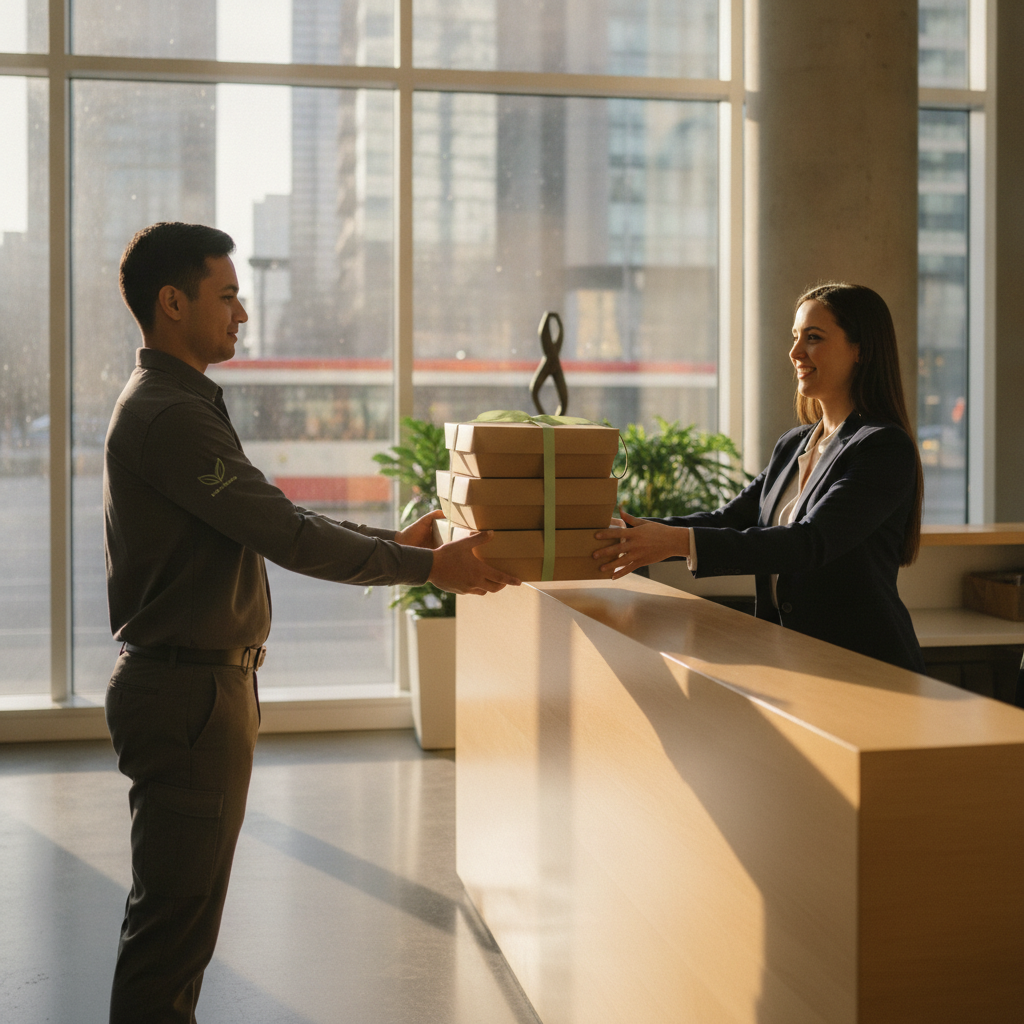 Courier delivering stacked corporate lunch boxes to an office coordinator in a modern lobby for fast, labeled handoff