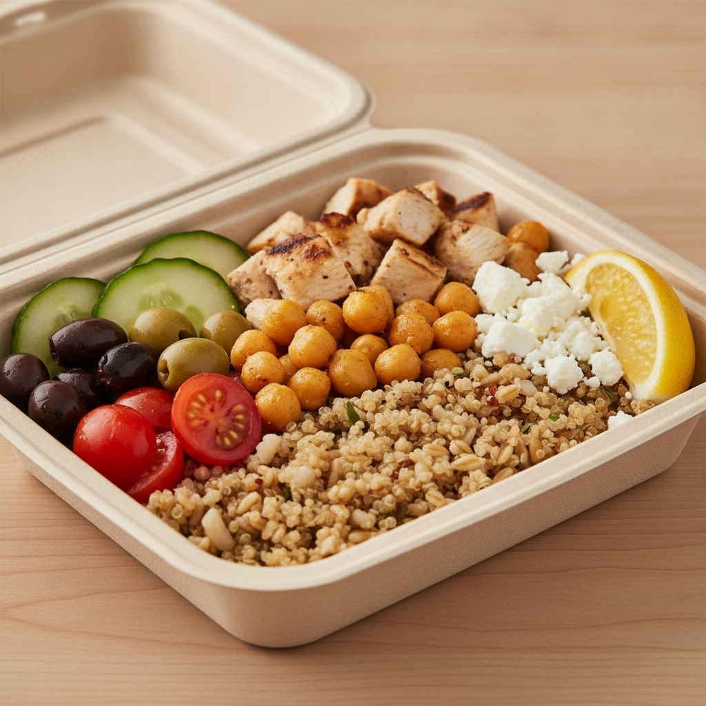 Close-up of a Mediterranean corporate box lunch bowl with colorful toppings and labeled, individually packaged meal for office catering