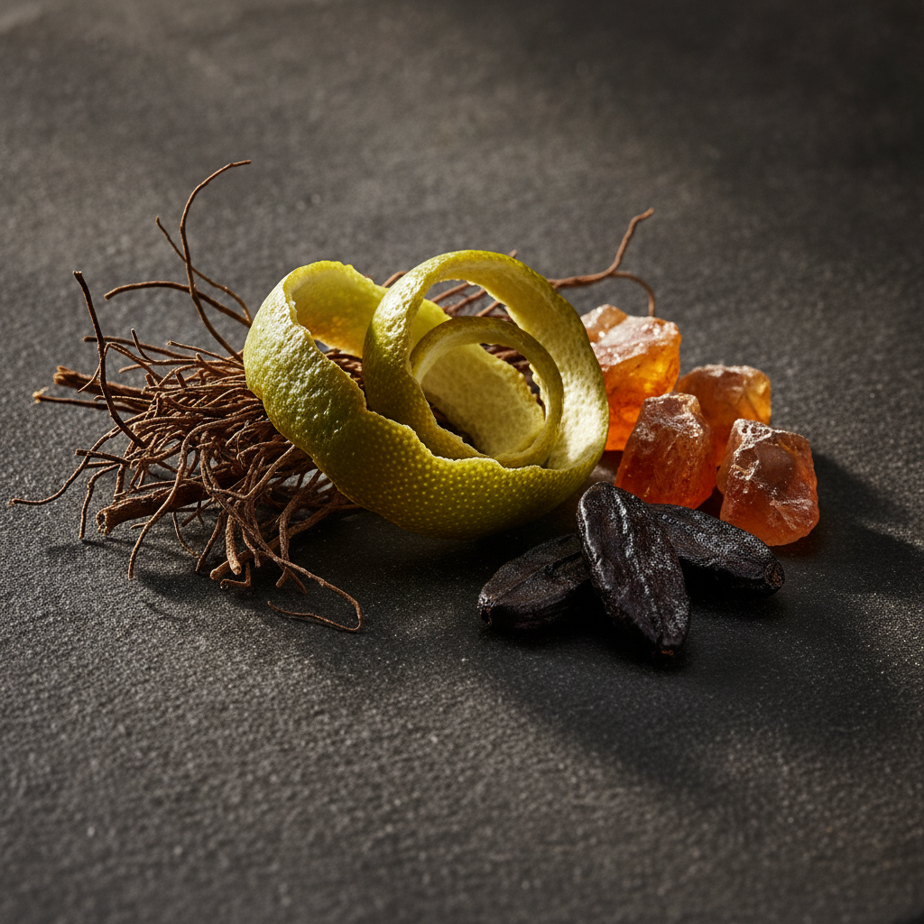 Close-up of premium fragrance ingredients for a luxury perfume for men: bergamot peel, vetiver roots, amber resin, and tonka bean on dark stone