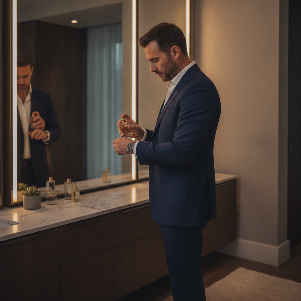Well-dressed man applying a luxury men’s fragrance at his wrist in a modern dressing room, demonstrating ideal application technique