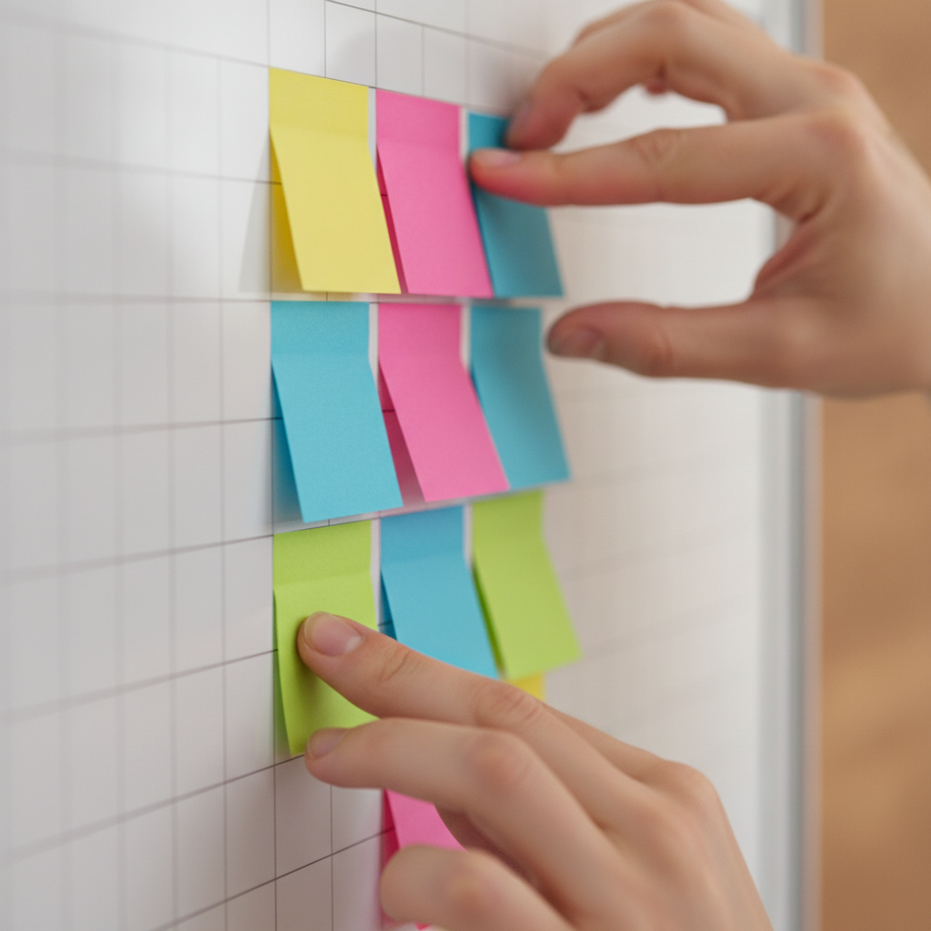 Hands organizing a kanban-style portfolio board during portfolio management certification training, showing prioritization and alignment concepts