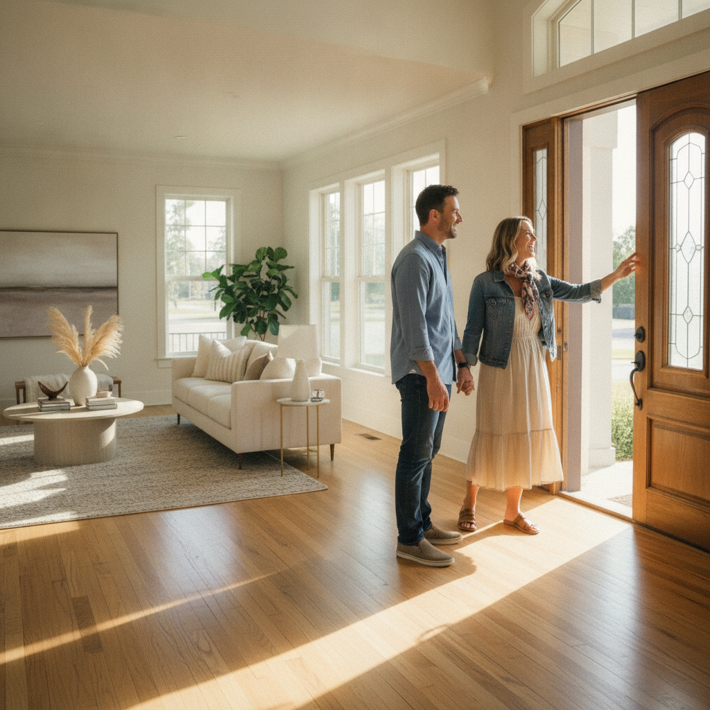 Couple touring a sunlit home after using a mobile home search with scheduling and direct messaging through Houseup
