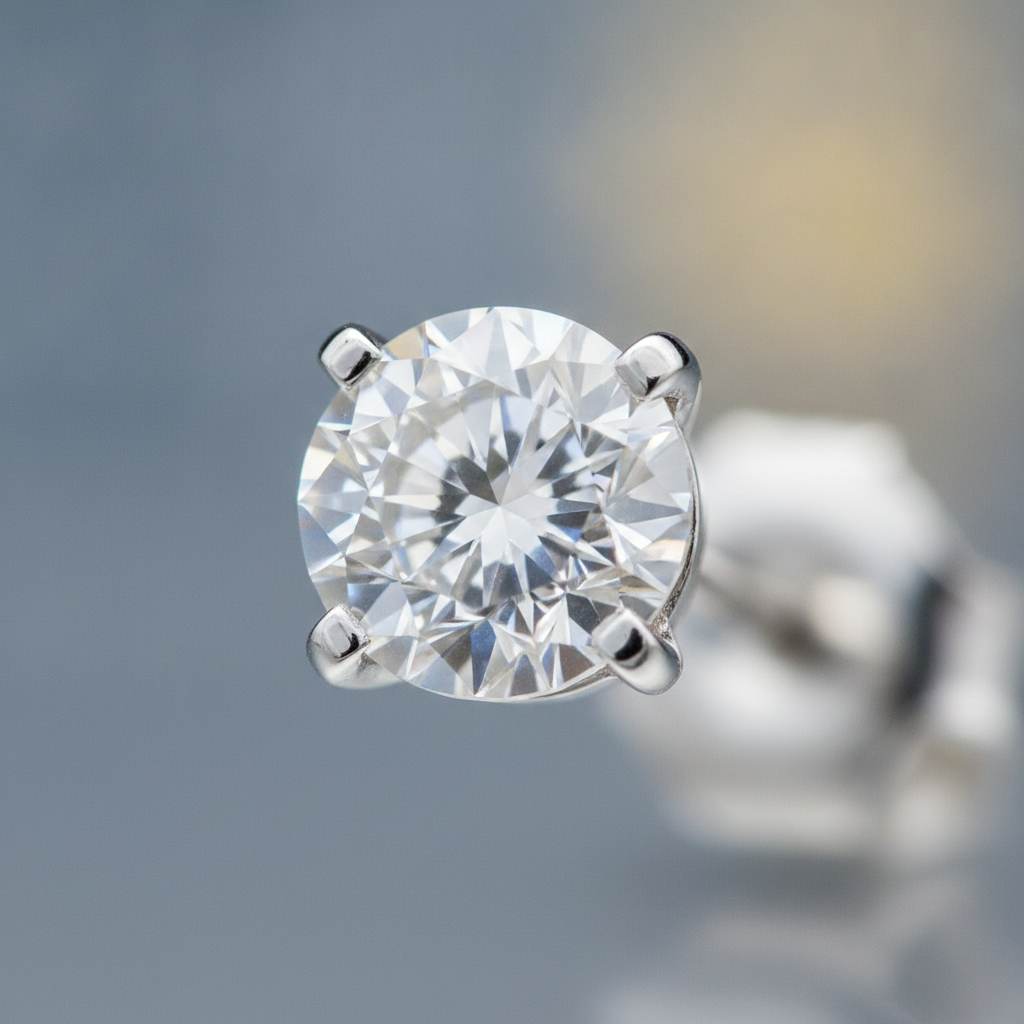 Macro close-up of a lab-grown diamond stud earring with brilliant sparkle in 14k white gold, ideal lab diamond earrings for sale