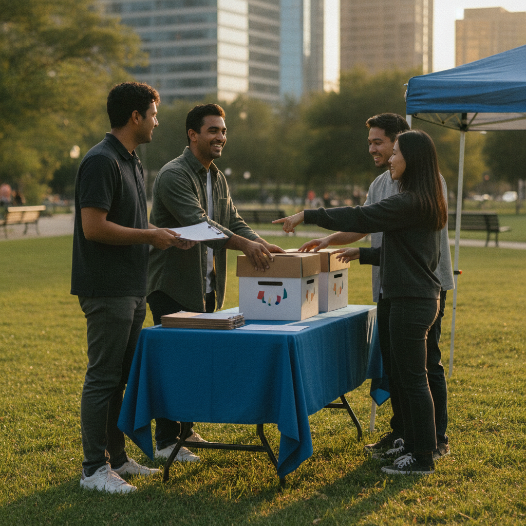 Volunteers preparing a community registration table in Scarborough, illustrating nonprofit outreach after registration