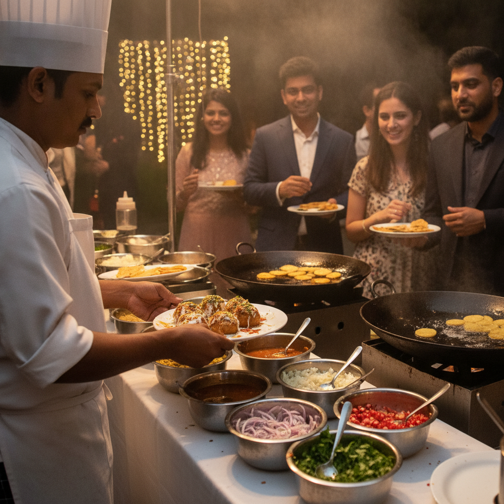 Live chaat station for buffet catering in Brampton with chef assembling dahi bhalla and chaat papdi for guests