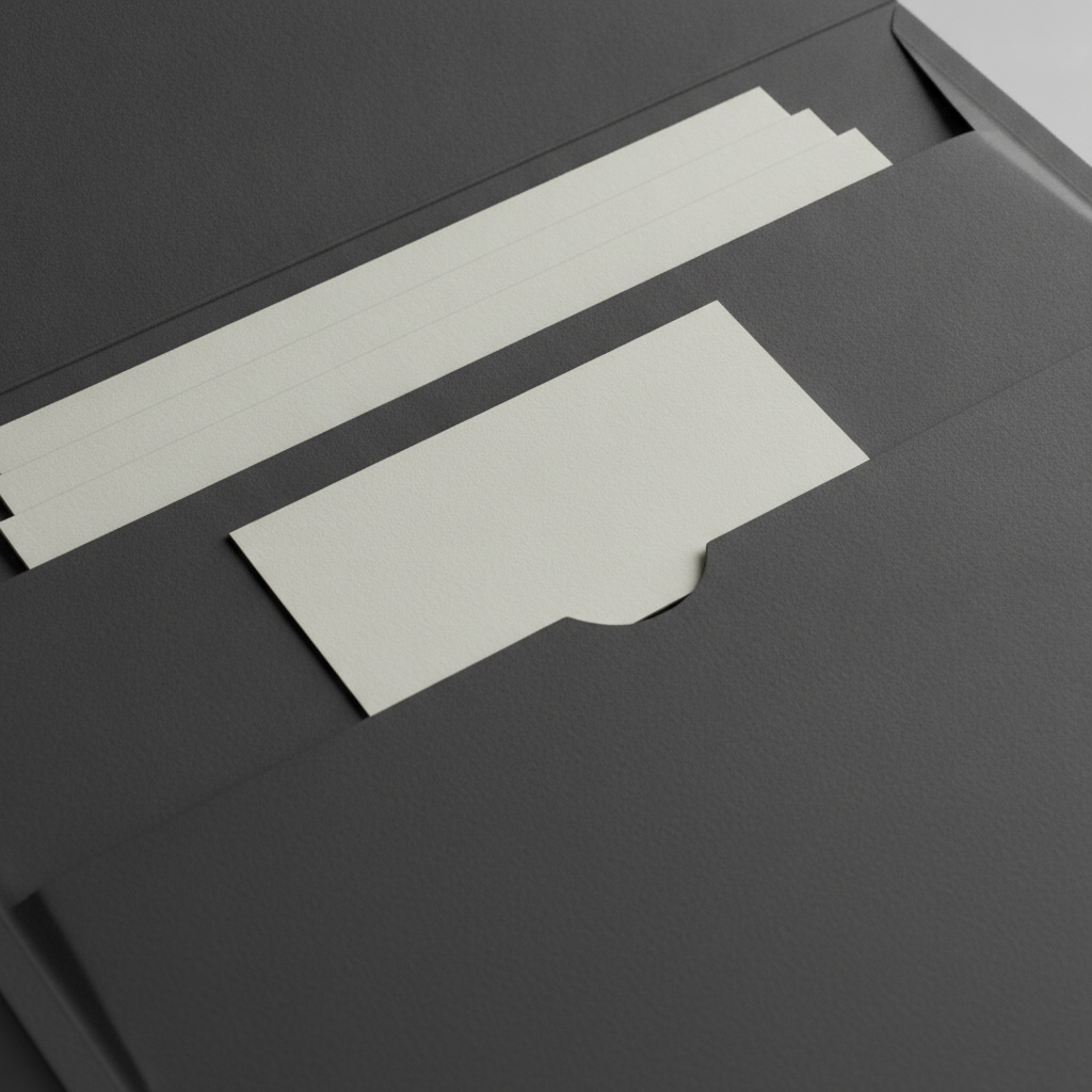 Close-up of a premium presentation folder pocket with inserts for brokerage marketing, showing texture and finish for real estate listing kits