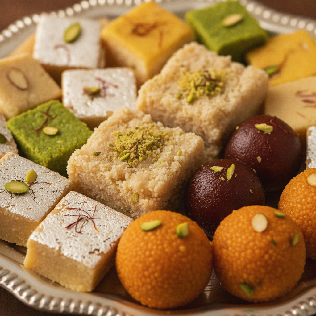 Assorted premium mithai for buffet catering: barfi, kalakand, gulab jamun, and ladoo in pure desi ghee, close-up for dessert table planning