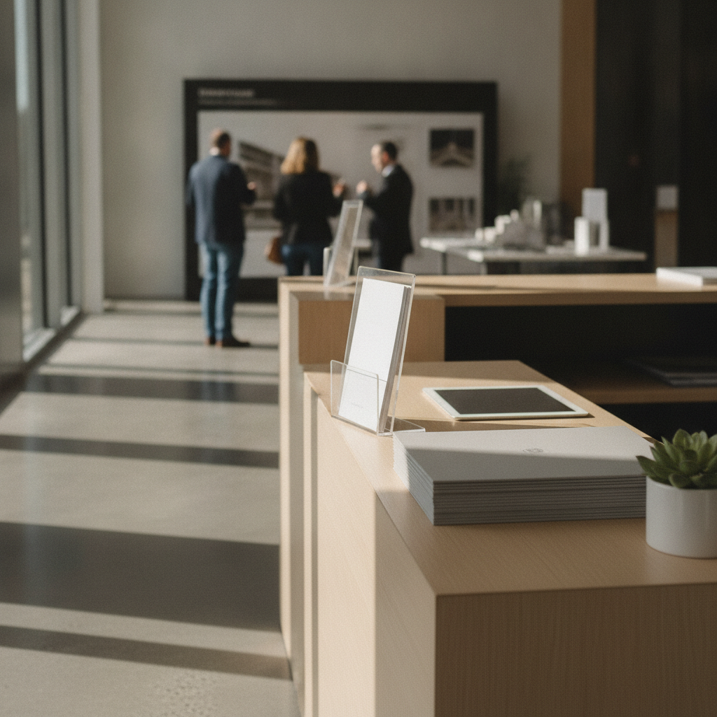 Open house welcome desk with unbranded brochures and minimalist folders for brokerages, illustrating when brochures vs folders make sense
