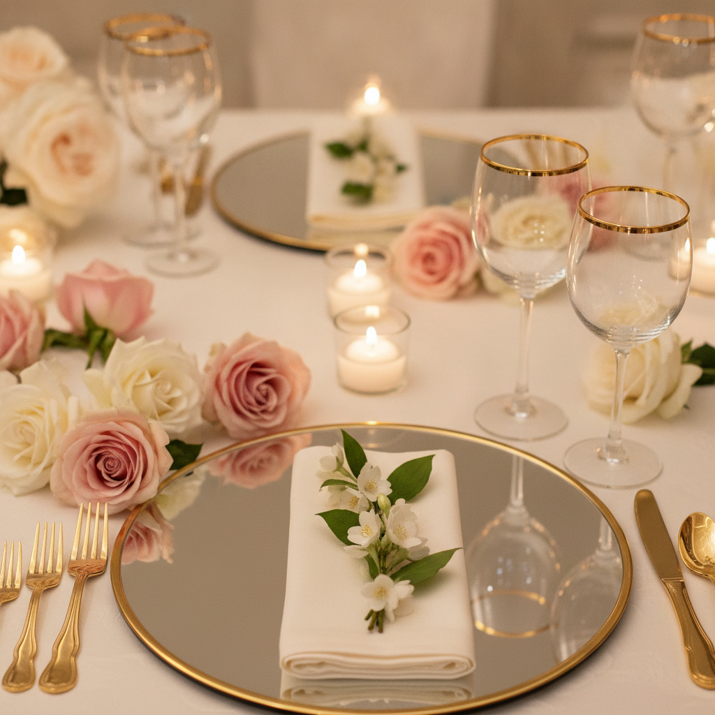 Luxury London wedding tablescape close-up with gold-rimmed glassware, jasmine garland, and floating candles styled by a wedding party planner in London