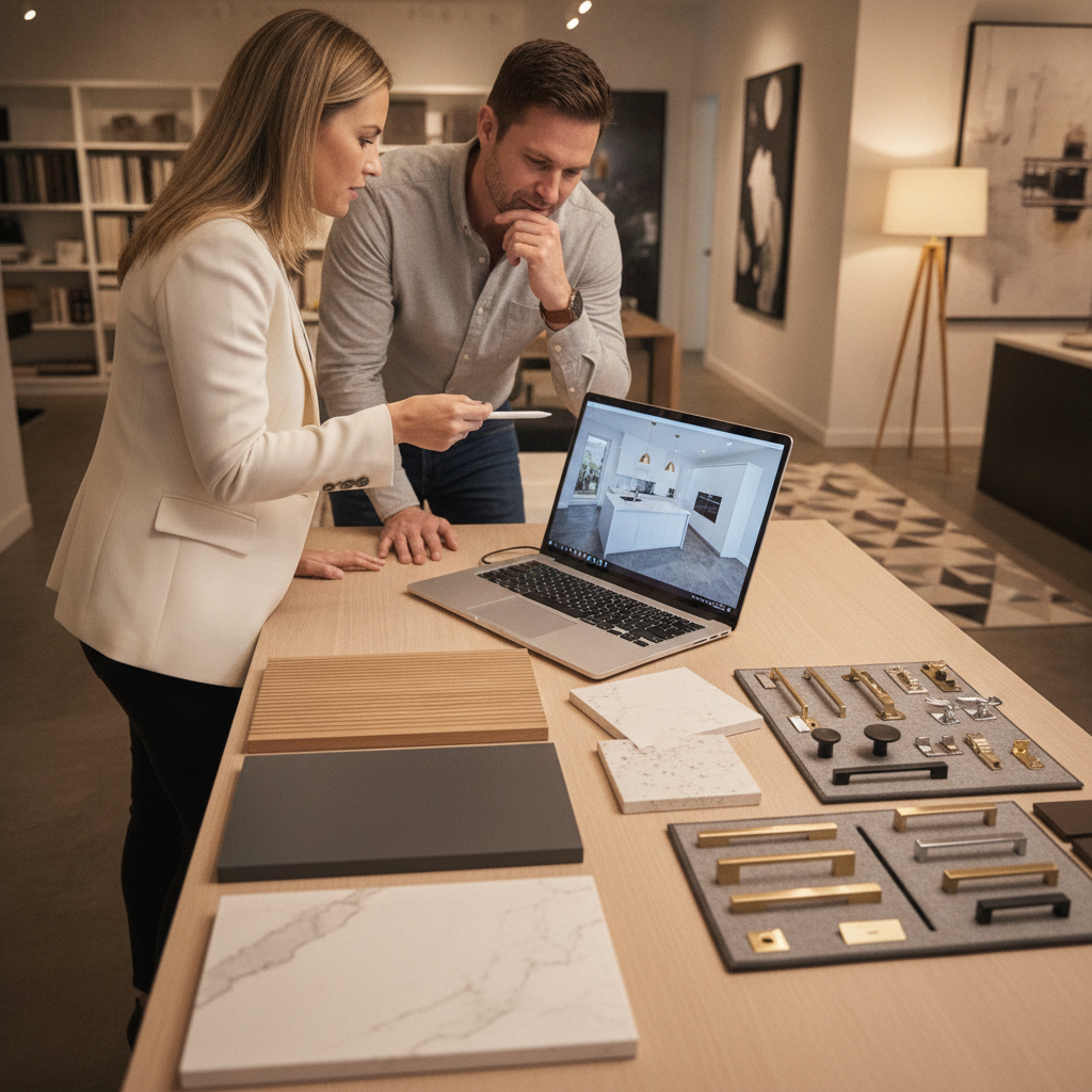 Kitchen Design: Save Space & Love Your Home More in 2026 2 Showroom scene with a designer and homeowner reviewing a 3D kitchen design concept beside real cabinet and quartz samples