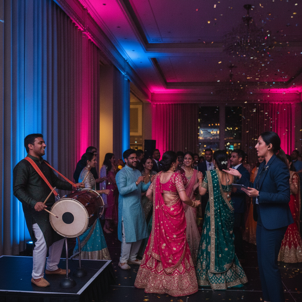 Vibrant London sangeet dance floor with live dhol and planner coordinating cues for a wedding party planner in London