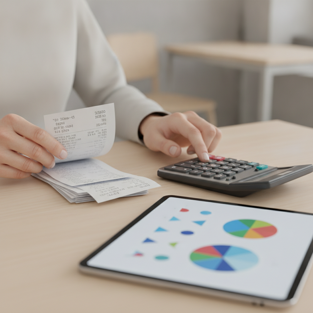 Close-up of advisor hands organizing receipts and calculator next to tablet—accounting workflow for SMEs in the professional services industry
