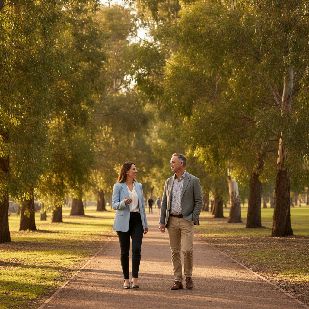 Advisor and business owner walking near Collimore Park in Liverpool NSW, discussing finance KPIs and next steps