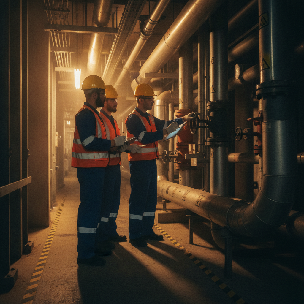 Maintenance team auditing ANSI pipe labeling in a utility corridor, verifying flow arrows and marker spacing