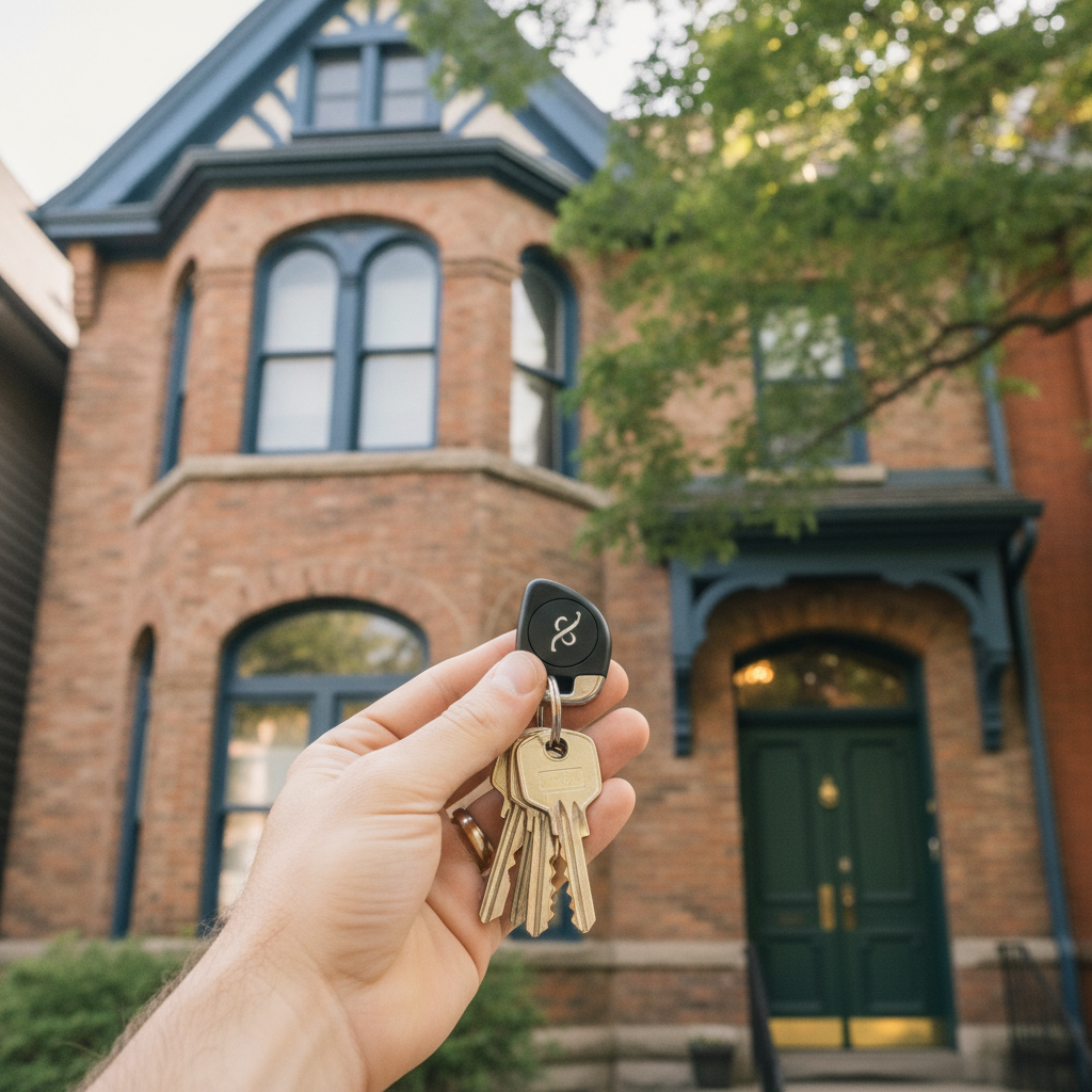Close-up of keys in front of a classic Toronto Victorian home, symbolizing a house for sale in Toronto, Canada with buyer representation