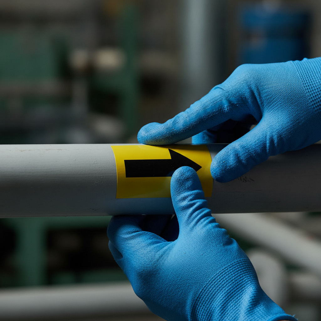 Technician applying ANSI pipe labeling with flow arrow on painted pipe, close-up detail showing surface prep and alignment