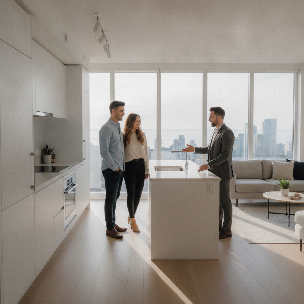 Couple touring a bright Toronto condo with a realtor, illustrating the home buying process and timely showings