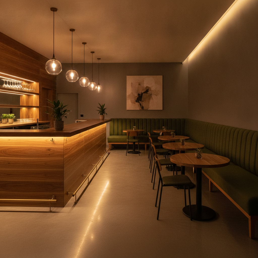 Finished restaurant renovation in the GTA with custom millwork bar, pendant lighting, and clean finishes by a commercial contractor