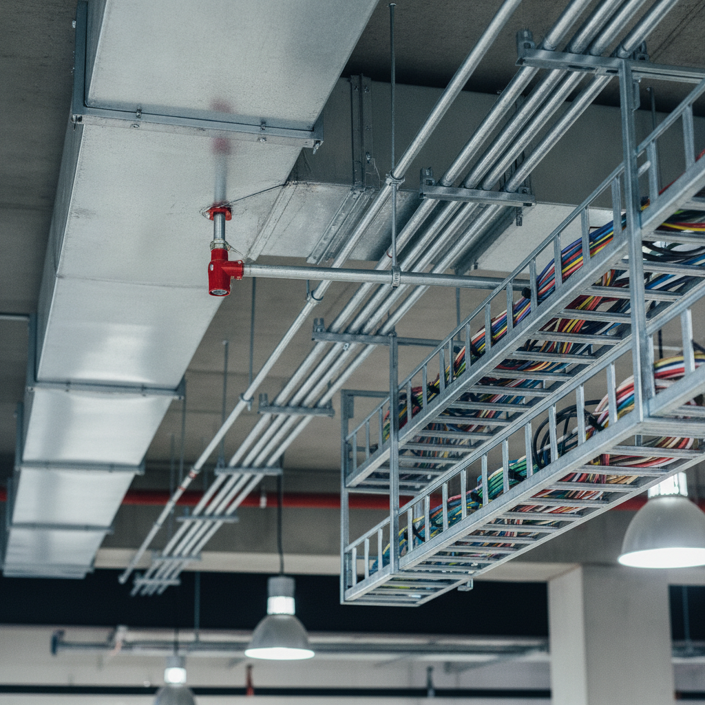 Close-up of commercial construction MEP coordination—HVAC duct, sprinkler, and conduit aligned for a tenant improvement in the GTA