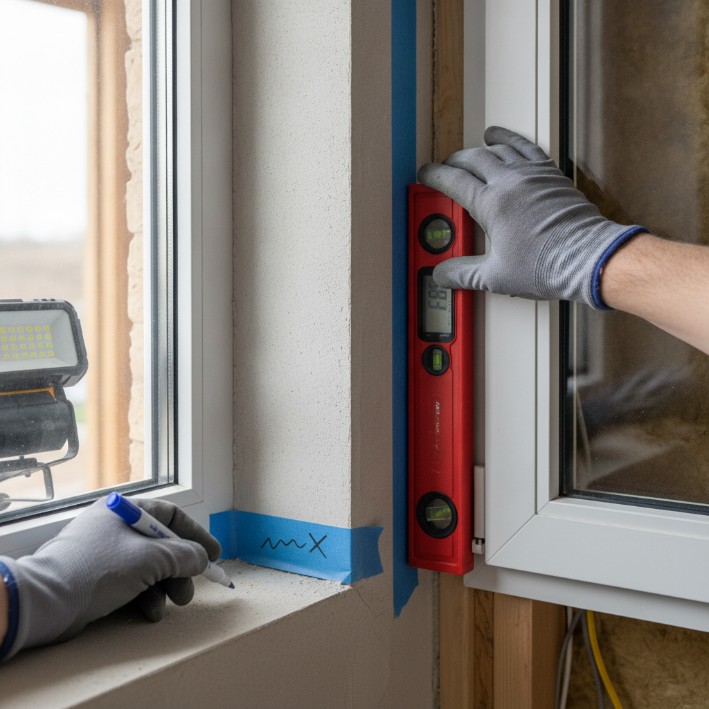 Detail from a new construction home inspection showing digital level and blue tape marking defects