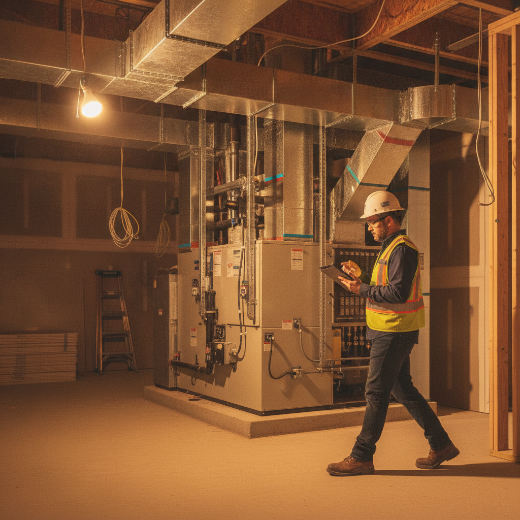 Inspector checking an HVAC mechanical room during a new construction home inspection
