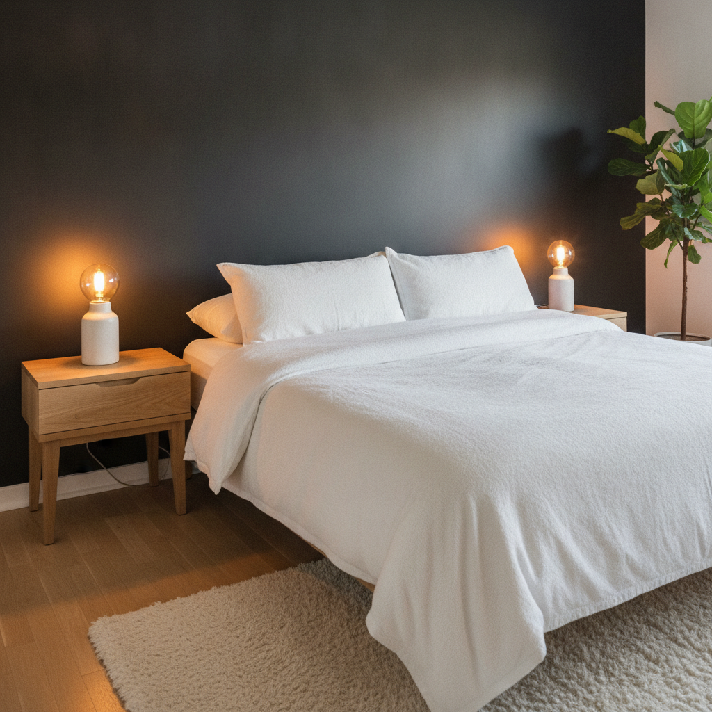 Bedroom with a black accent wall, warm bedside lighting, and white bedding to balance dark paint