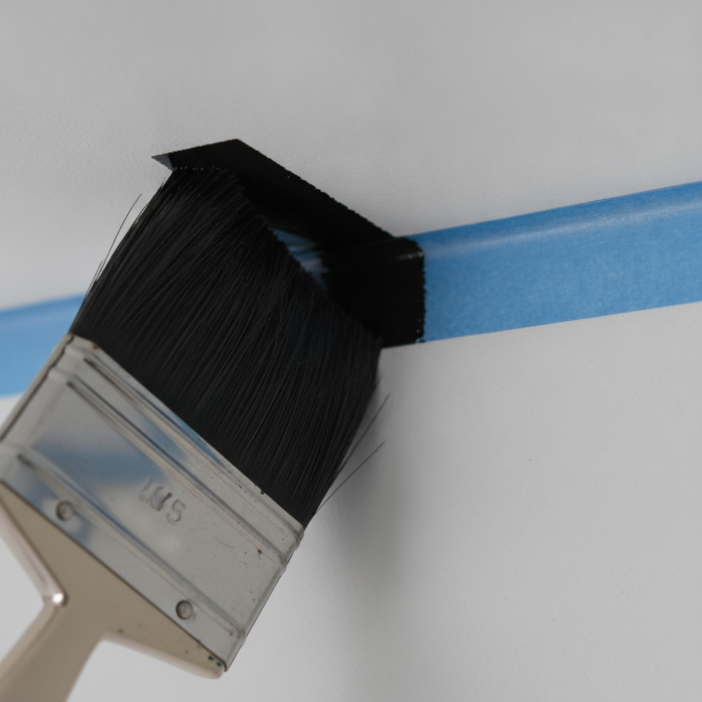 Close-up cutting in deep black paint along a white ceiling edge with tape, showing precise technique for painting a room black