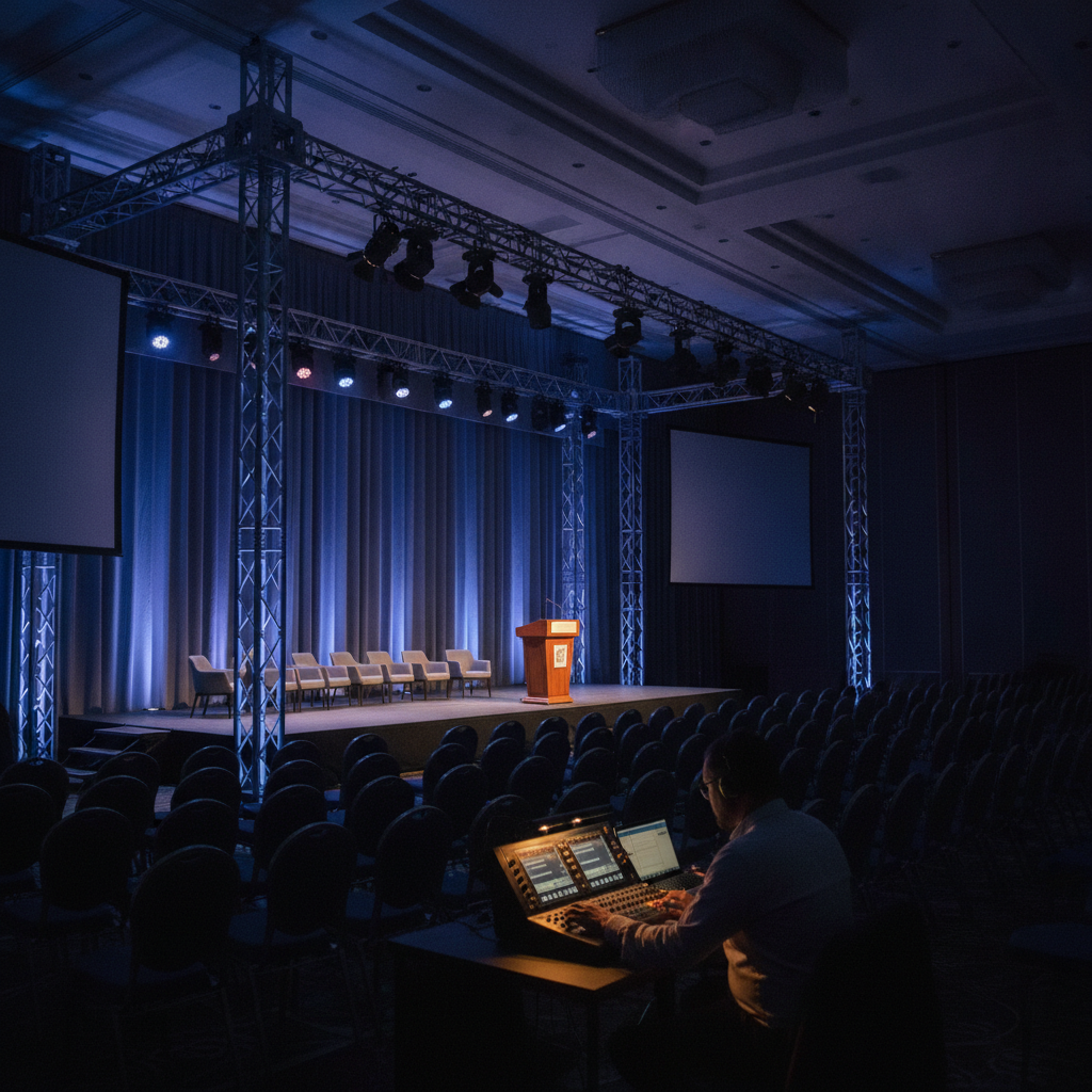 Modern ballroom conference stage with LED uplighting and projection, illustrating right-sized AV for corporate package budgeting