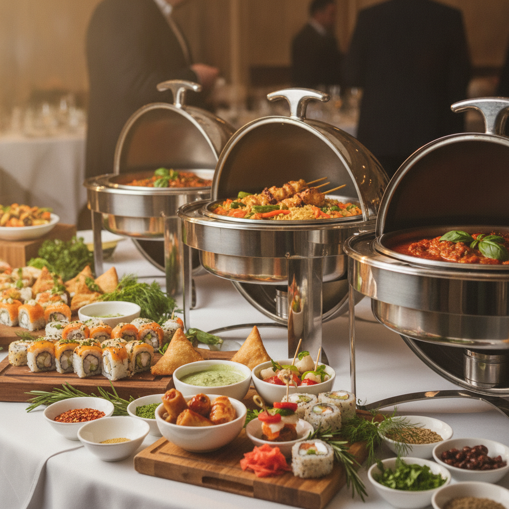 Multicultural in-house catering spread at a corporate event, optimized for corporate package budgeting tips and attendee experience