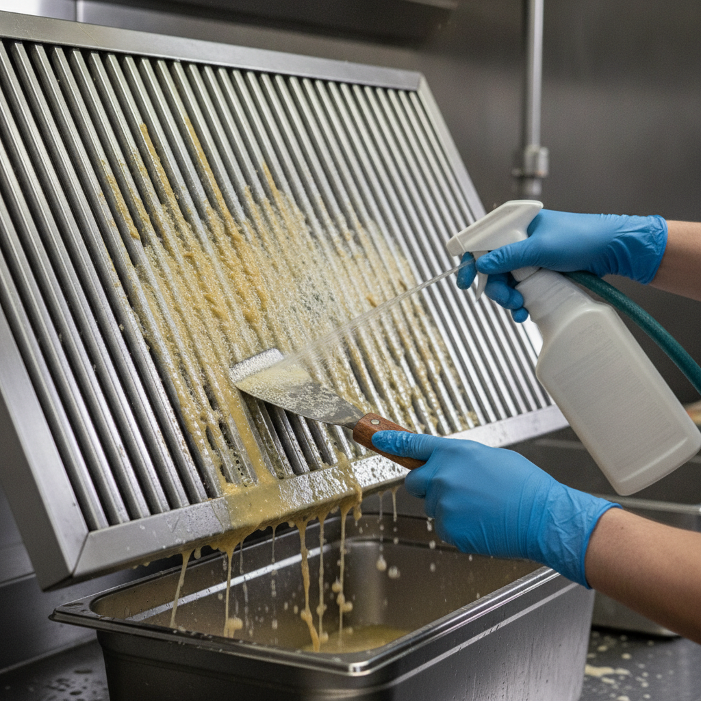 Close-up of hood baffle filter degreasing as part of restaurant cleaning services in a commercial kitchen