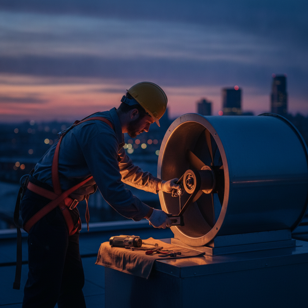 Technician servicing a rooftop exhaust fan and checking belt tension as part of restaurant cleaning services