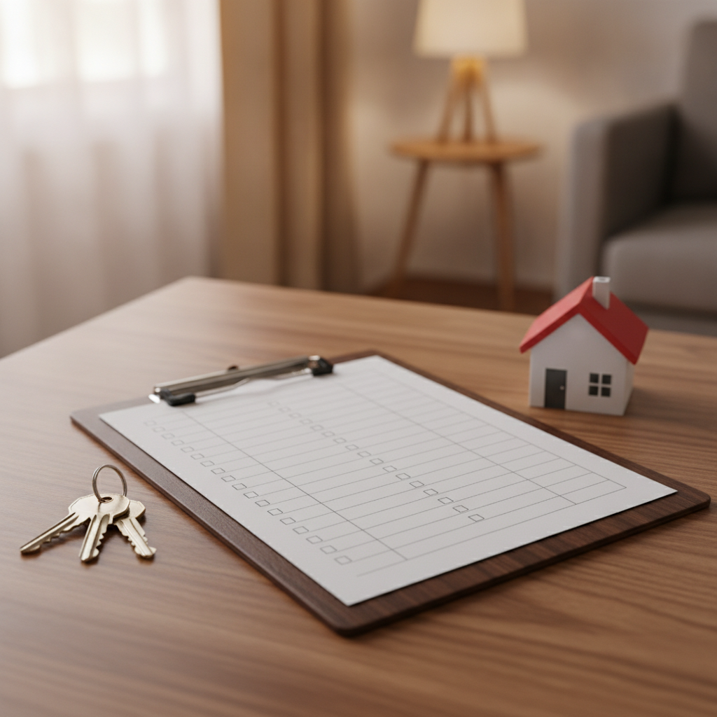 Close-up of a homebuyer interview checklist with house keys and a model home, illustrating questions for a real estate agent in Brampton