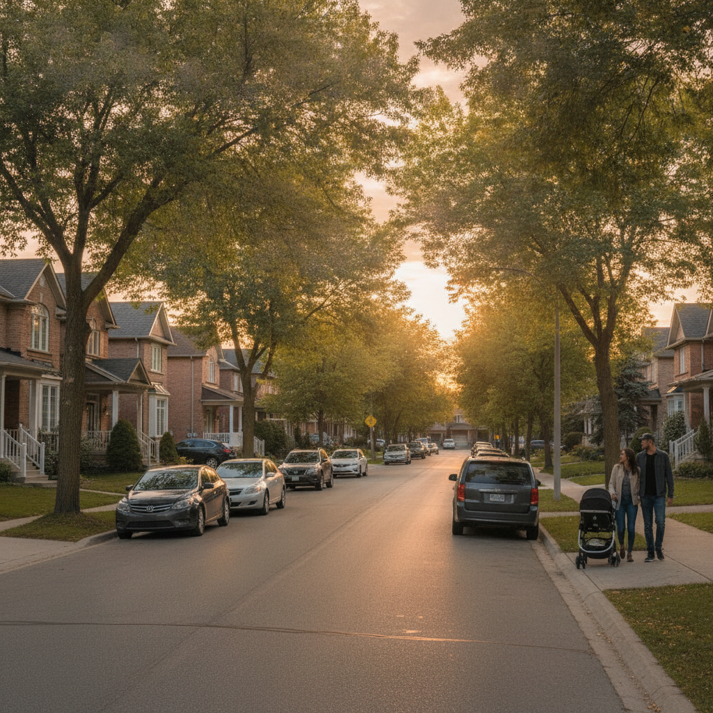 Quiet Brampton residential street at golden hour, ideal for discussing local real estate questions and neighborhood trade-offs