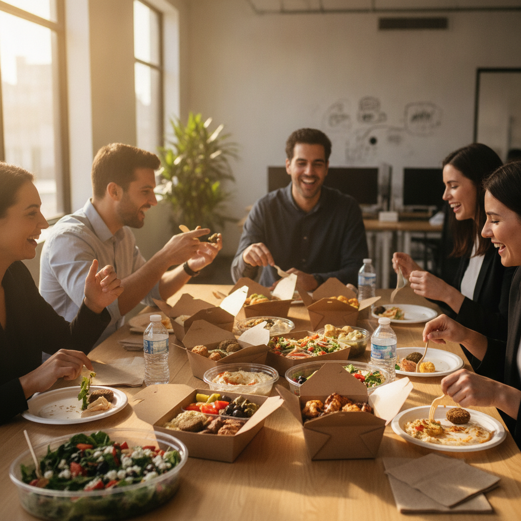 Coworkers sharing shawarma takeout boxes at an office table, showing pickup convenience for lunch in Old Toronto