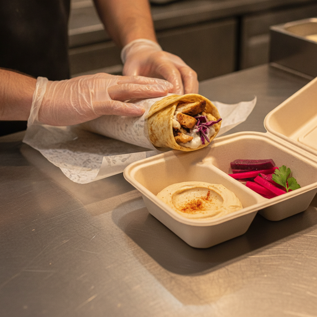 Close-up of a chicken shawarma wrap packed for pickup, showcasing travel-friendly lunch convenience in Old Toronto