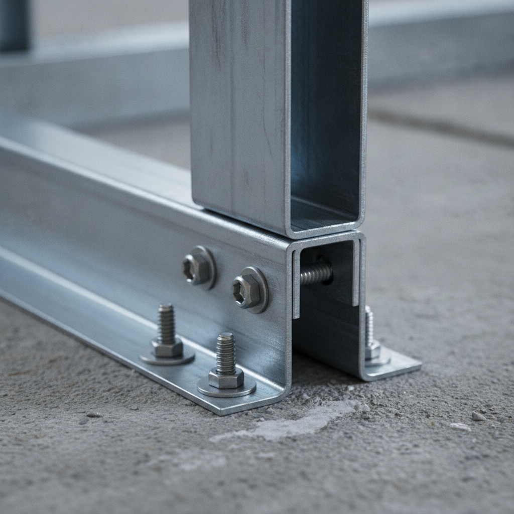 Close-up of heavy-gauge steel stud seated in deep track showing web and flange geometry for a load bearing stud wall