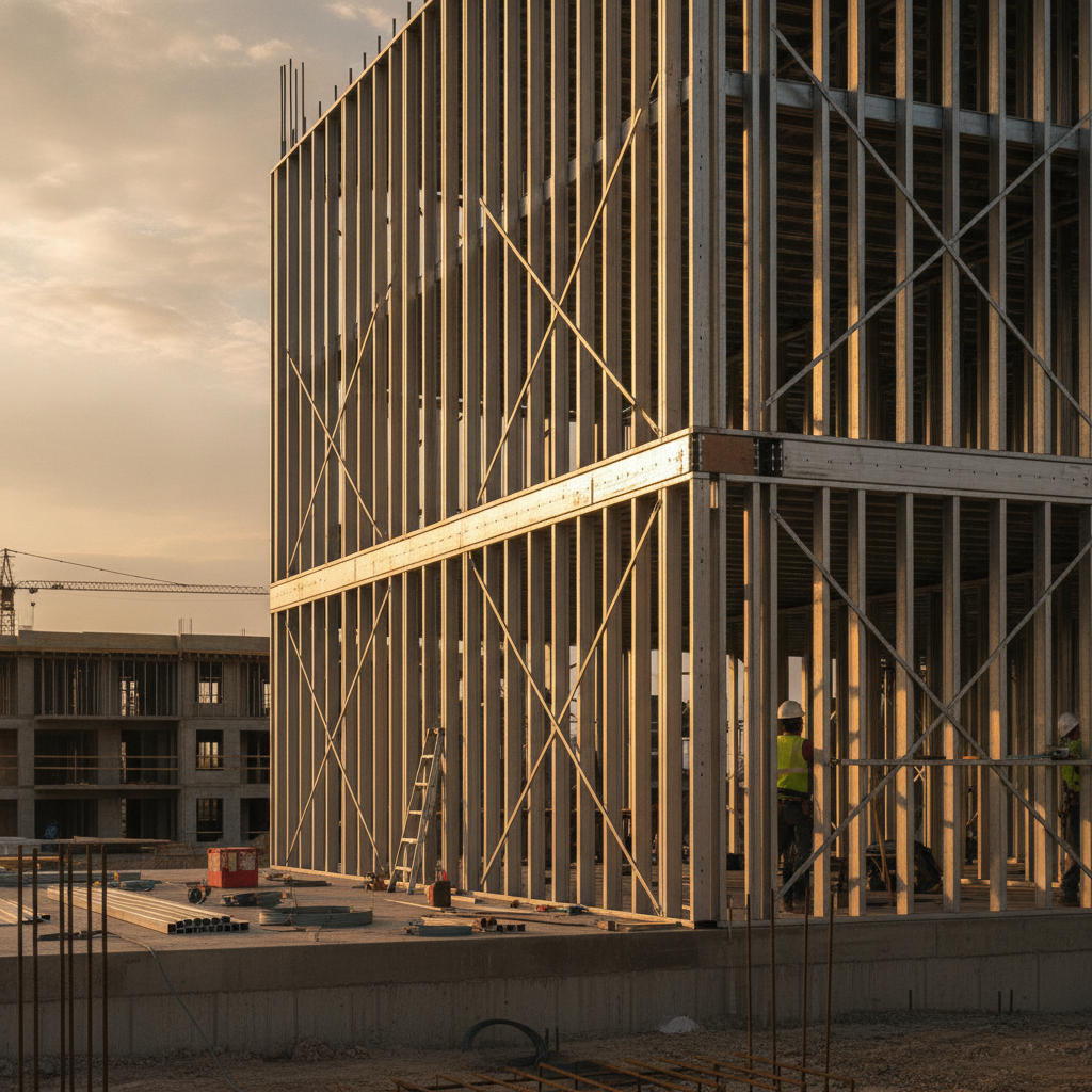Side-angle view of multi-story cold-formed steel framing with slotted deflection track at head of wall and wind bracing installed