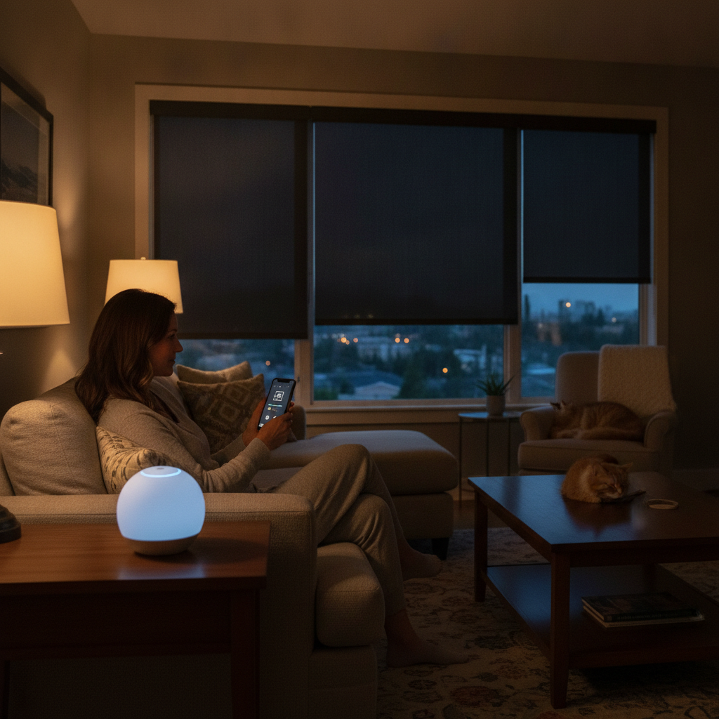 Homeowner using mobile app to control lighting and motorized shades during a smart home automation installation scene