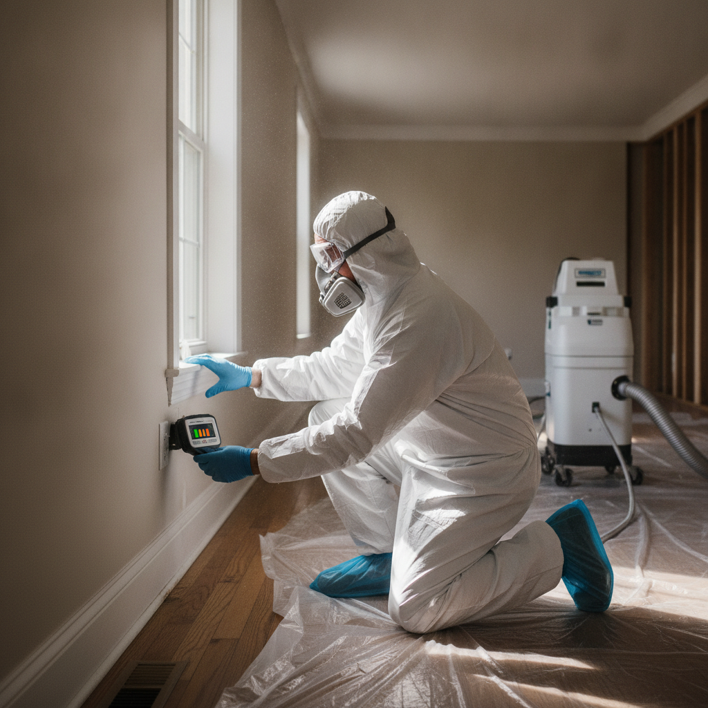 Technician using a moisture meter on drywall during black mold inspection with dehumidifier in background