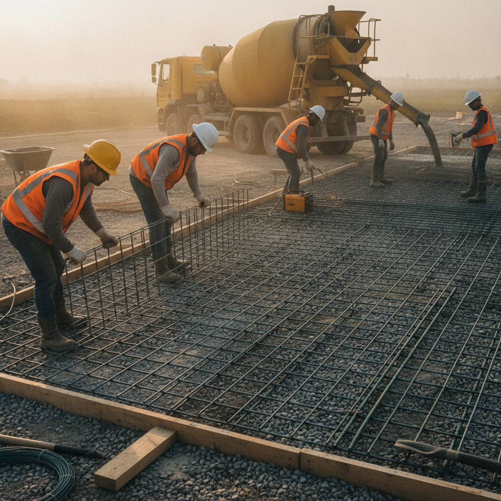 Crew positioning welded wire mesh and epoxy-coated rebar for a slab pour, coordinated from shop drawings and bar lists