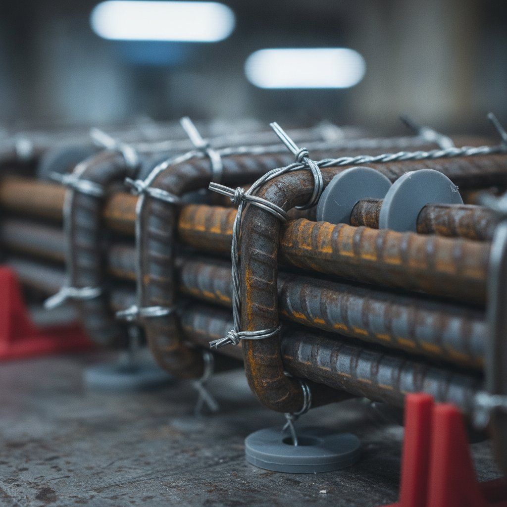 Close-up of tied 15M rebar with stirrups, spacers, and bar chairs, illustrating shop-drawing accuracy for rebar detailing companies in Woodbridge