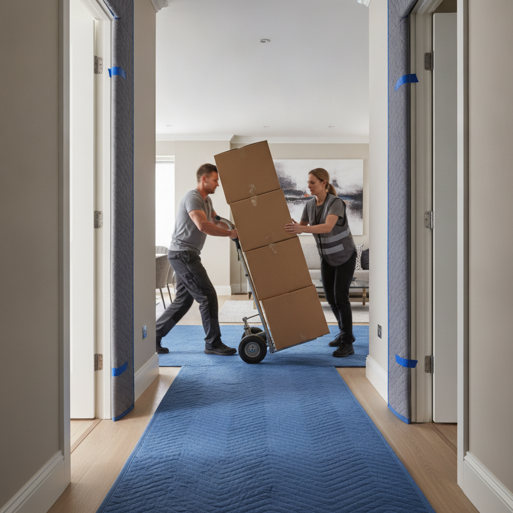 Professional movers rolling stacked boxes on floor protection with door-frame padding, illustrating licensed movers’ safe handling practices
