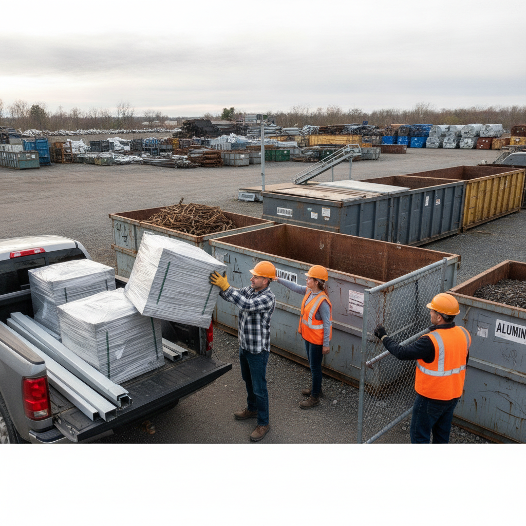 Homeowner unloading bundled aluminum siding and gutters at an Etobicoke scrap yard drop-off area