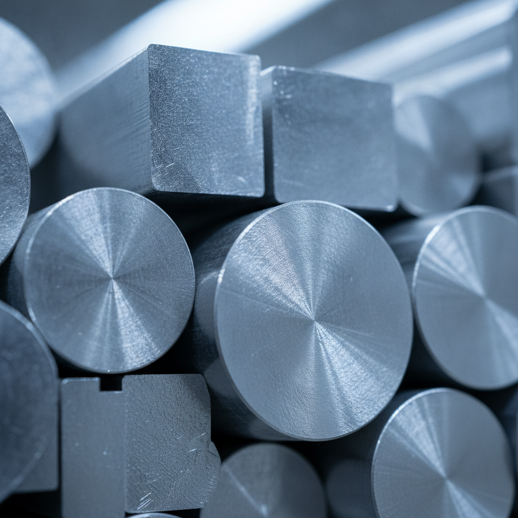 Close-up of stacked aluminum extrusions showing clean, shiny cut ends for scrap grading