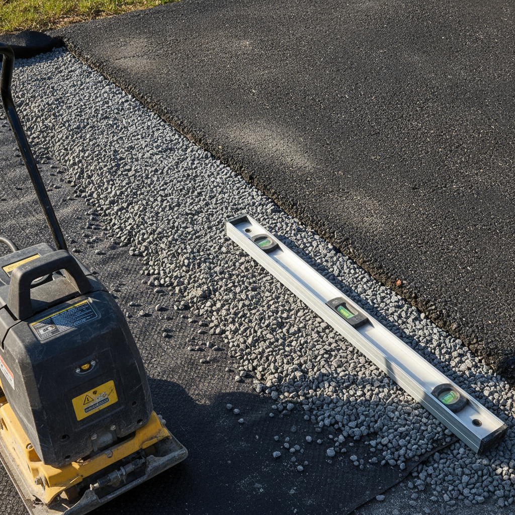 Close-up of Mississauga driveway widening base layers with geotextile, compacted aggregate, and asphalt tie-in for a durable extension