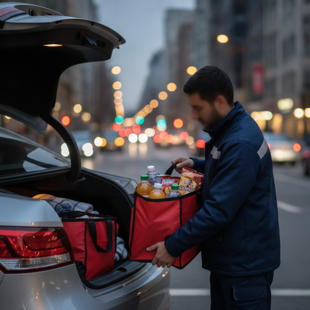 Courier placing an insulated tote with beverages and snacks in a trunk, illustrating Downtown Calgary delivery logistics and cigarette delivery efficiency