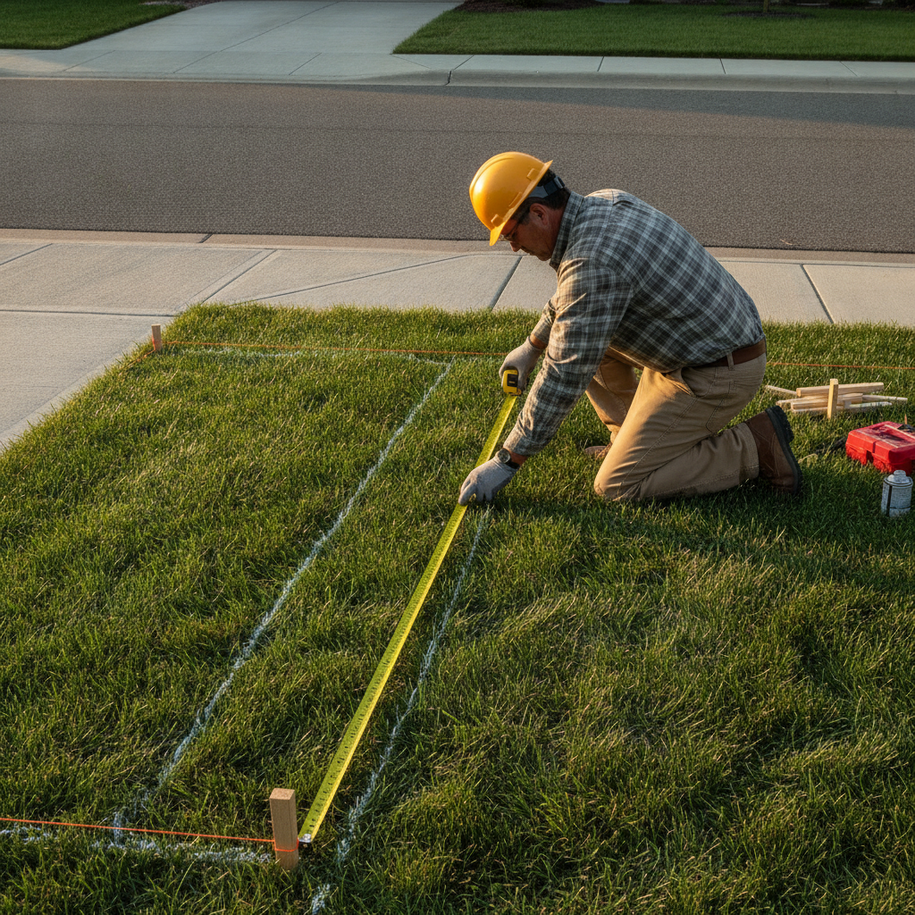 Contractor marking a Mississauga driveway extension along the property line with a tape measure and string line for accurate planning