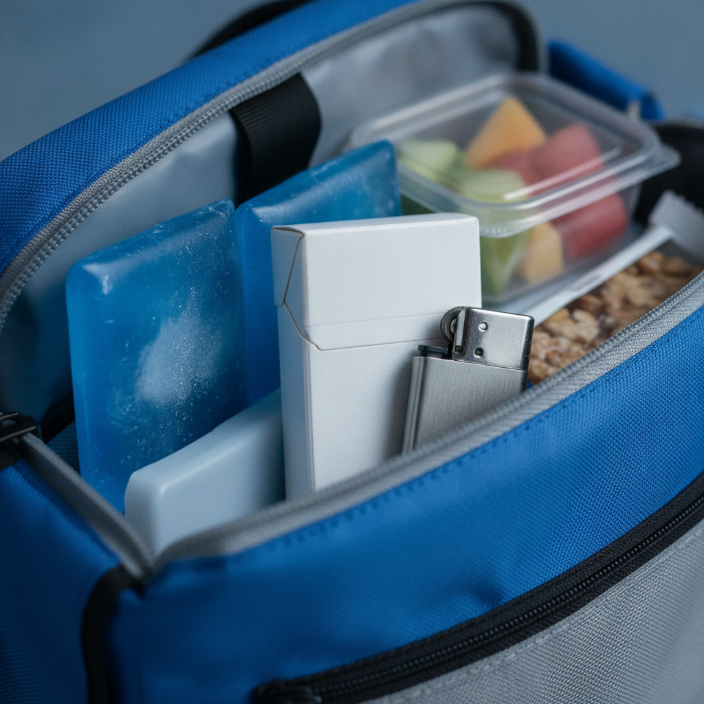 Detail of cigarette delivery bag with unbranded pack, lighter, and snacks, showcasing how Liquor Delivery Calgary delivers cigarettes with secure packing and add-ons