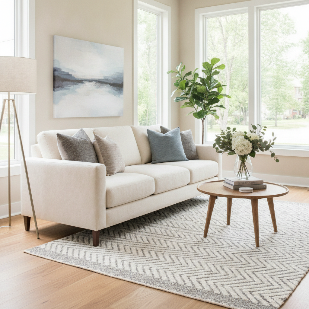 Staged living room ready for Ontario home seller support options: neutral decor and bright natural light for listing photos