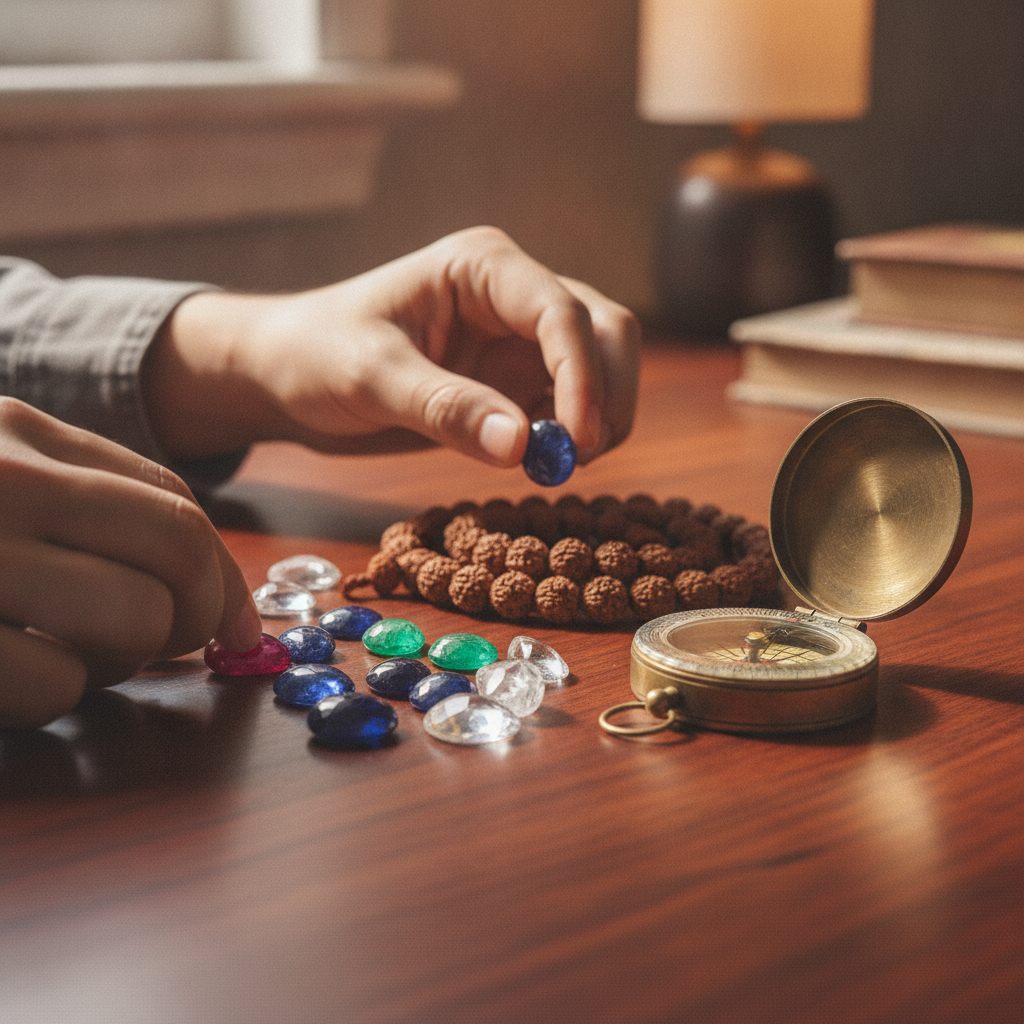 Close-up of business astrology remedies: gemstones and rudraksha mala arranged for owners’ consultation